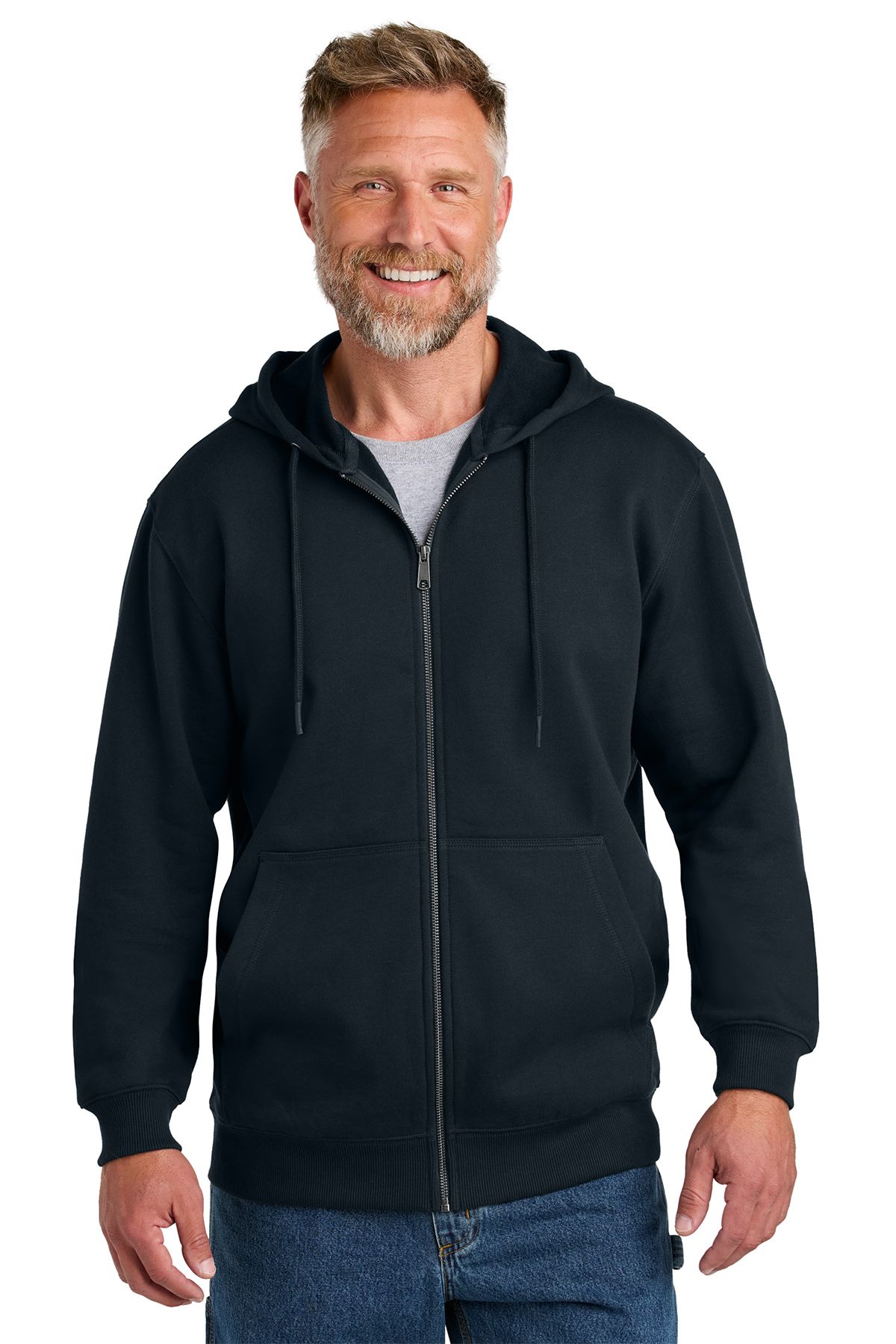 Man wearing a dark gray zip-up hooded sweatshirt, smiling.