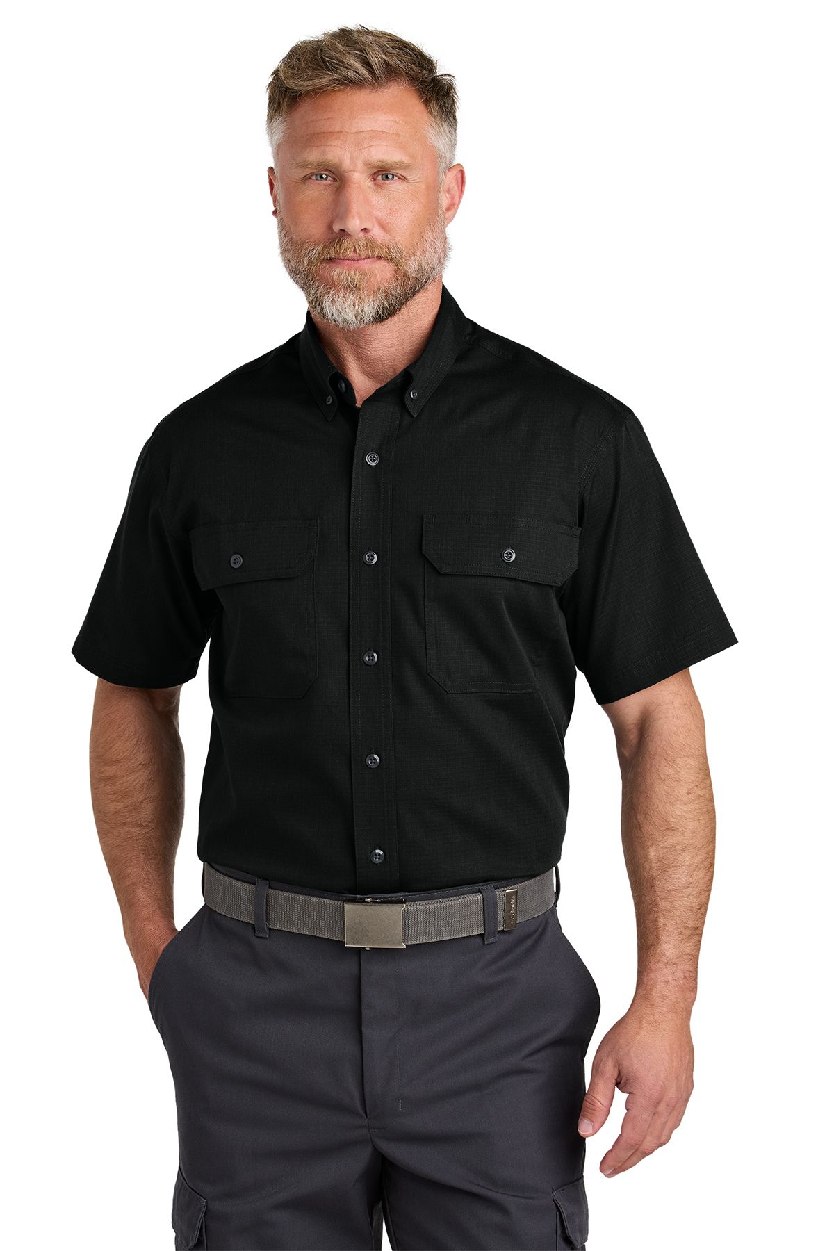 Man in black short-sleeved shirt and gray pants, buttoned-up, with a gray belt.