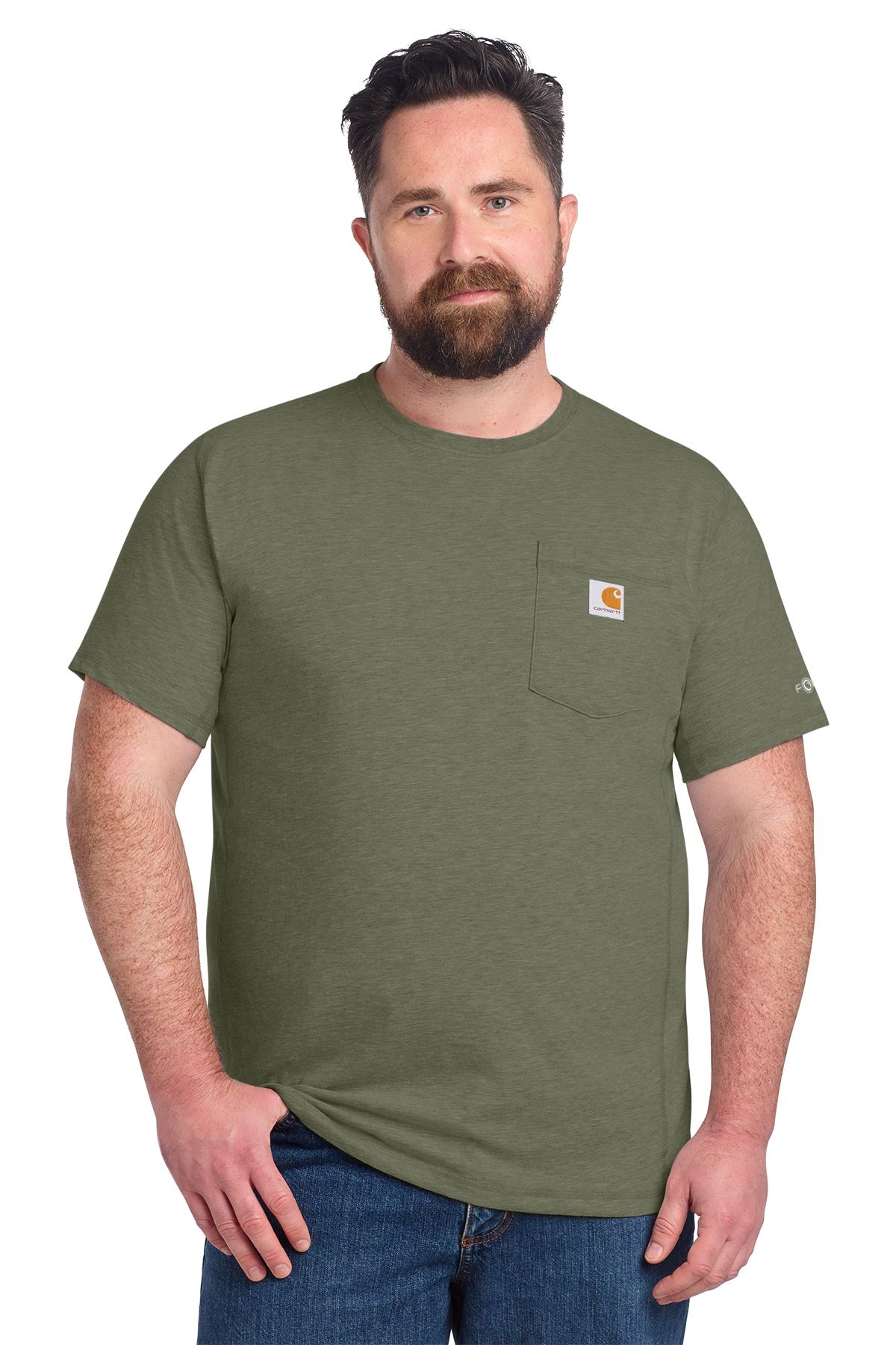 Man wearing a dark gray Carhartt t-shirt with a pocket, standing, blue jeans.