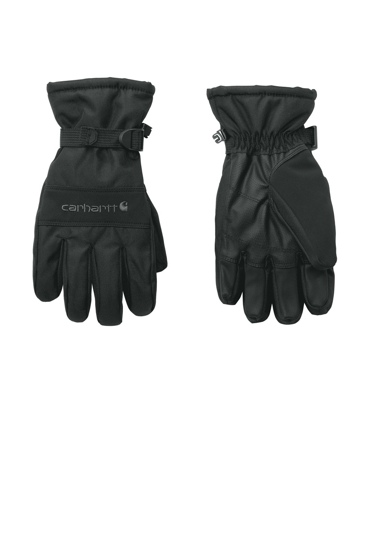 Black Carhartt winter gloves with adjustable wrist straps.