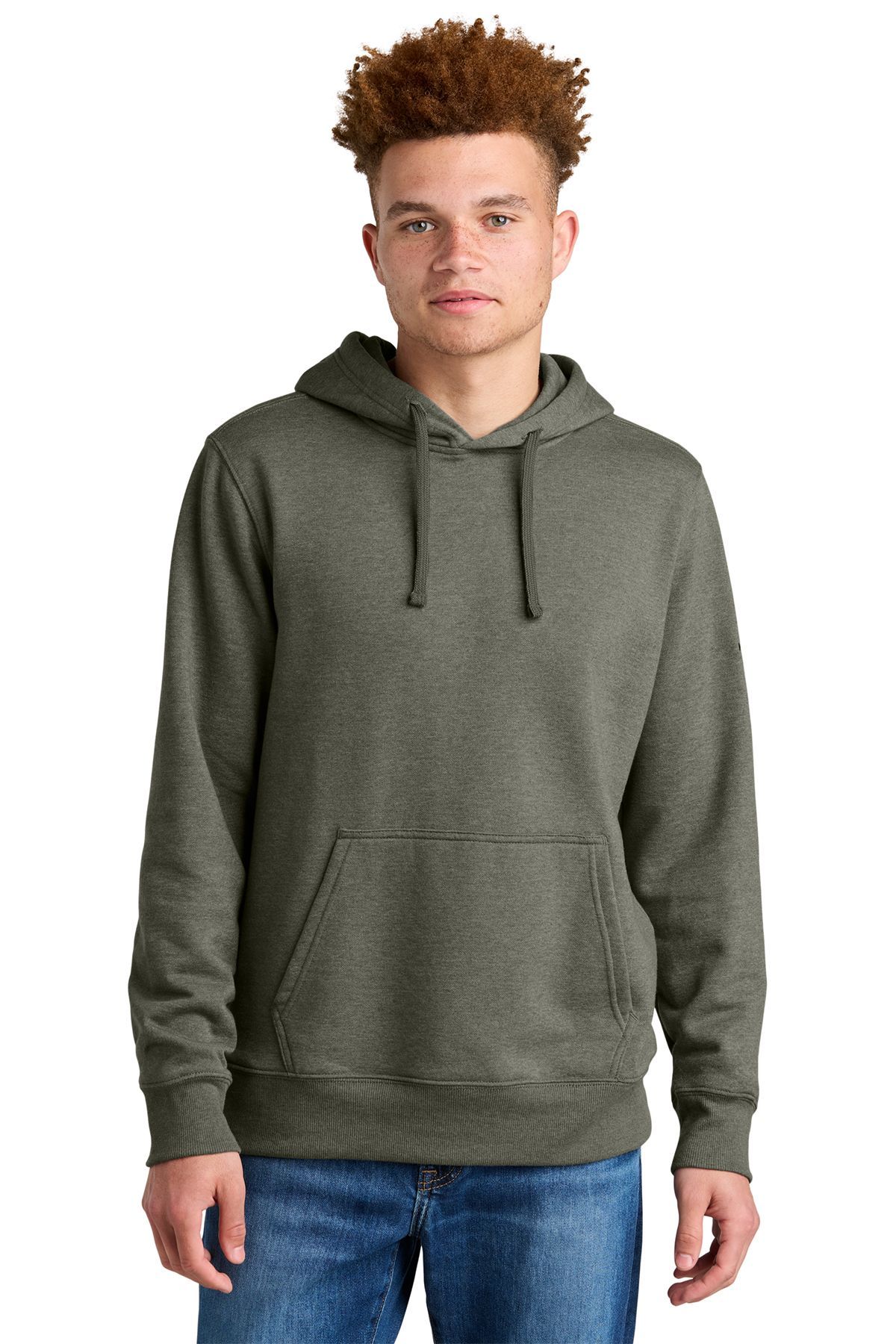 Man wearing a green hooded sweatshirt and jeans, looking at the camera.