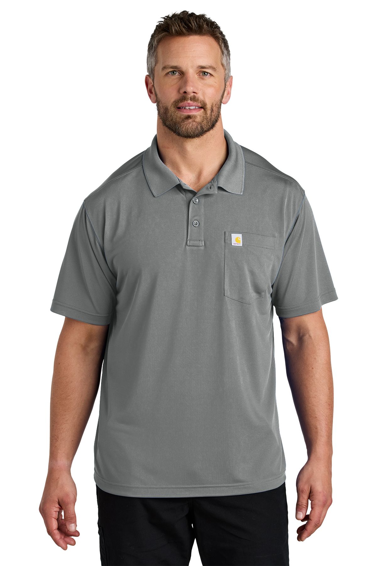 Man in gray Carhartt polo shirt, smiling, posing for a product photo.