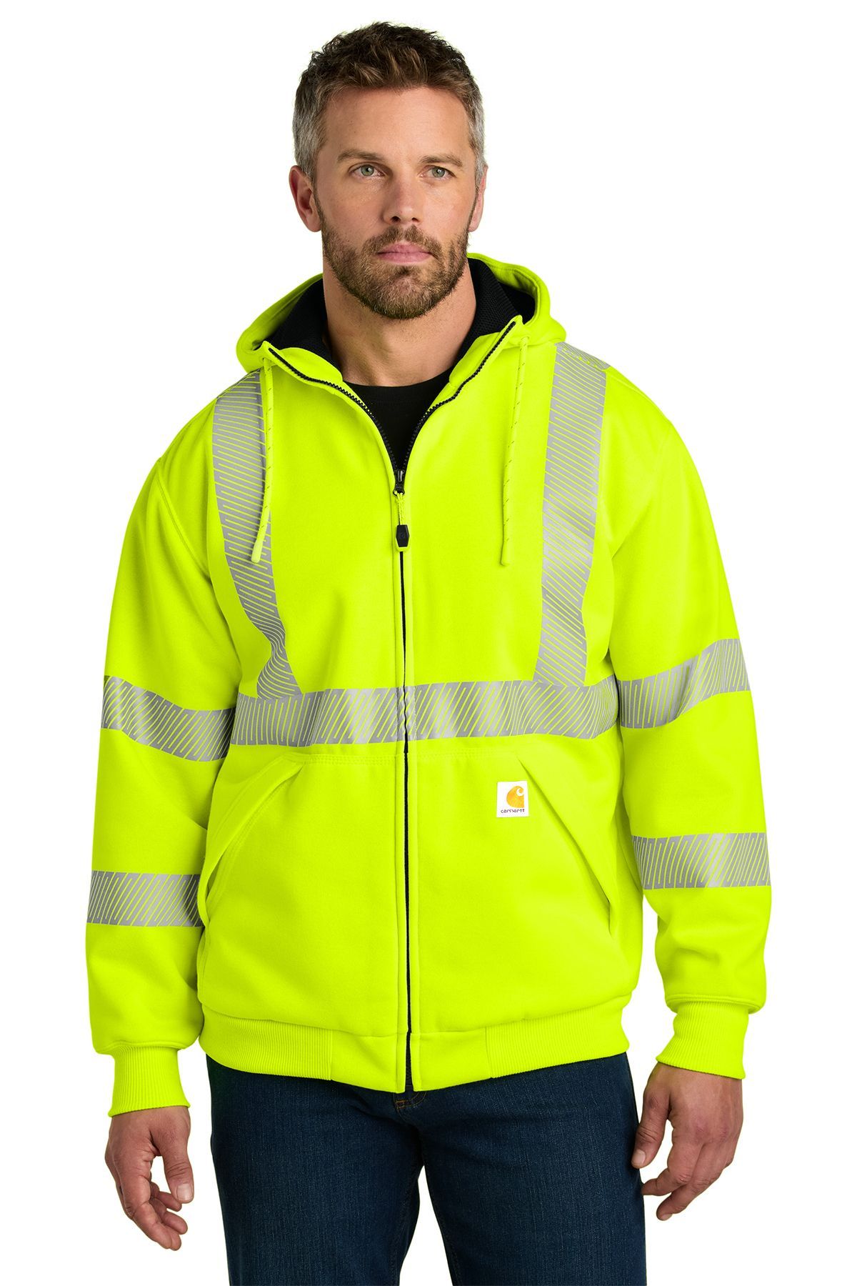 Man wearing a fluorescent yellow hooded work jacket with reflective stripes.