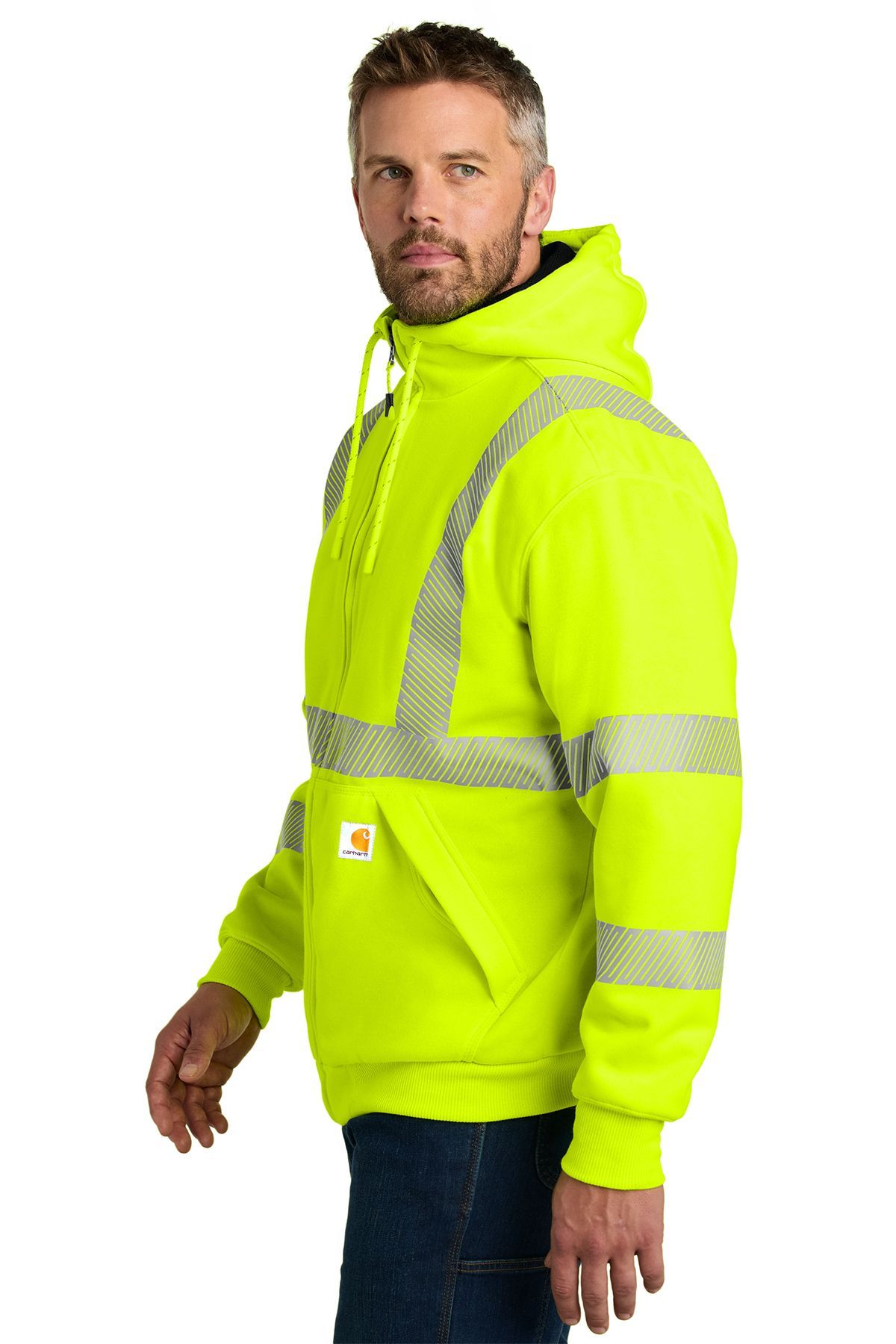 Man wearing a fluorescent yellow hooded work jacket with reflective stripes.