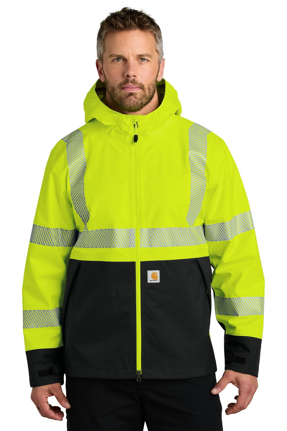 Man wearing a neon yellow and black safety jacket with reflective stripes and a hood.