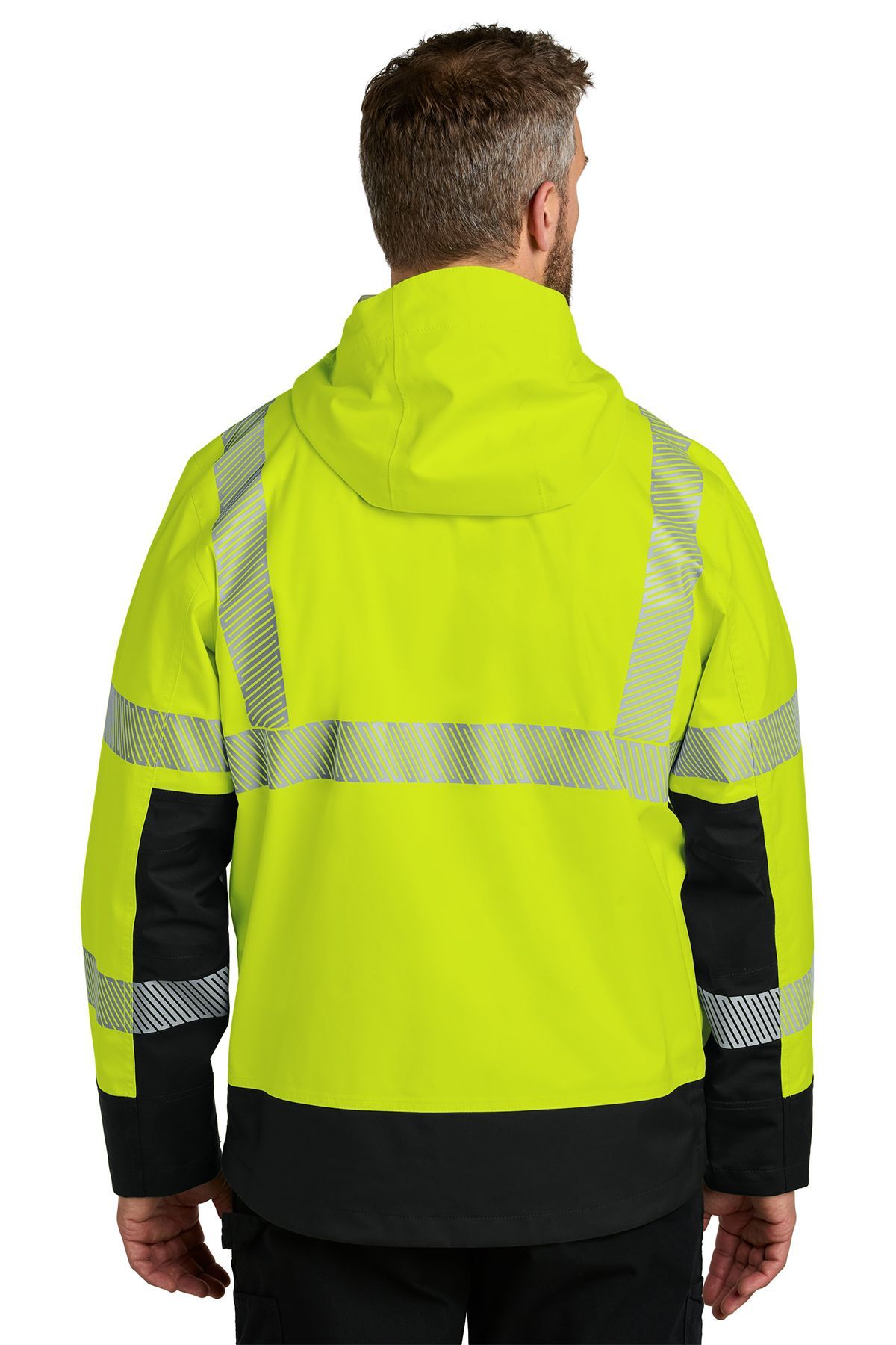 Man wearing a neon yellow and black safety jacket with reflective stripes and a hood.
