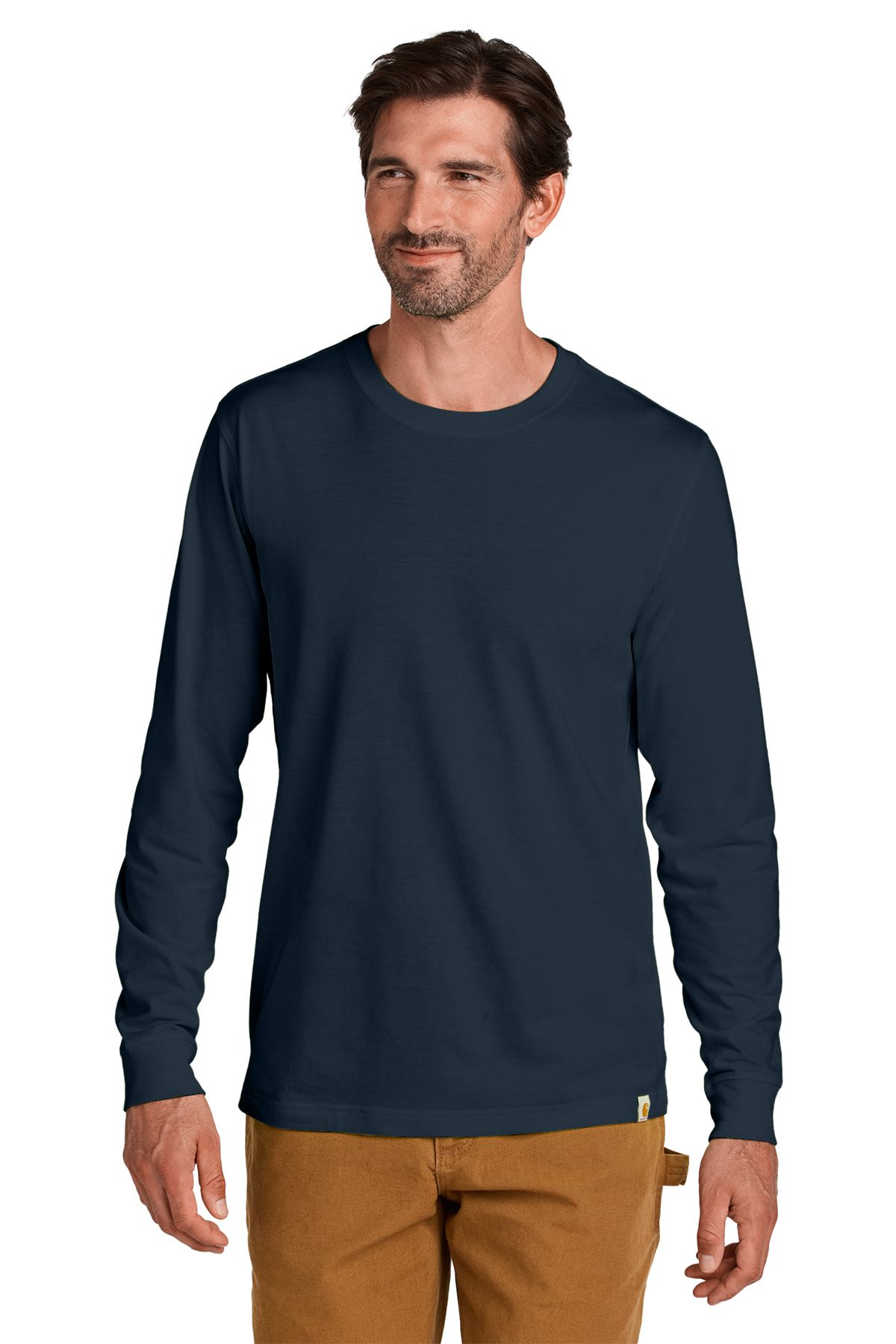 Man in black long-sleeve shirt and brown pants, looking forward.