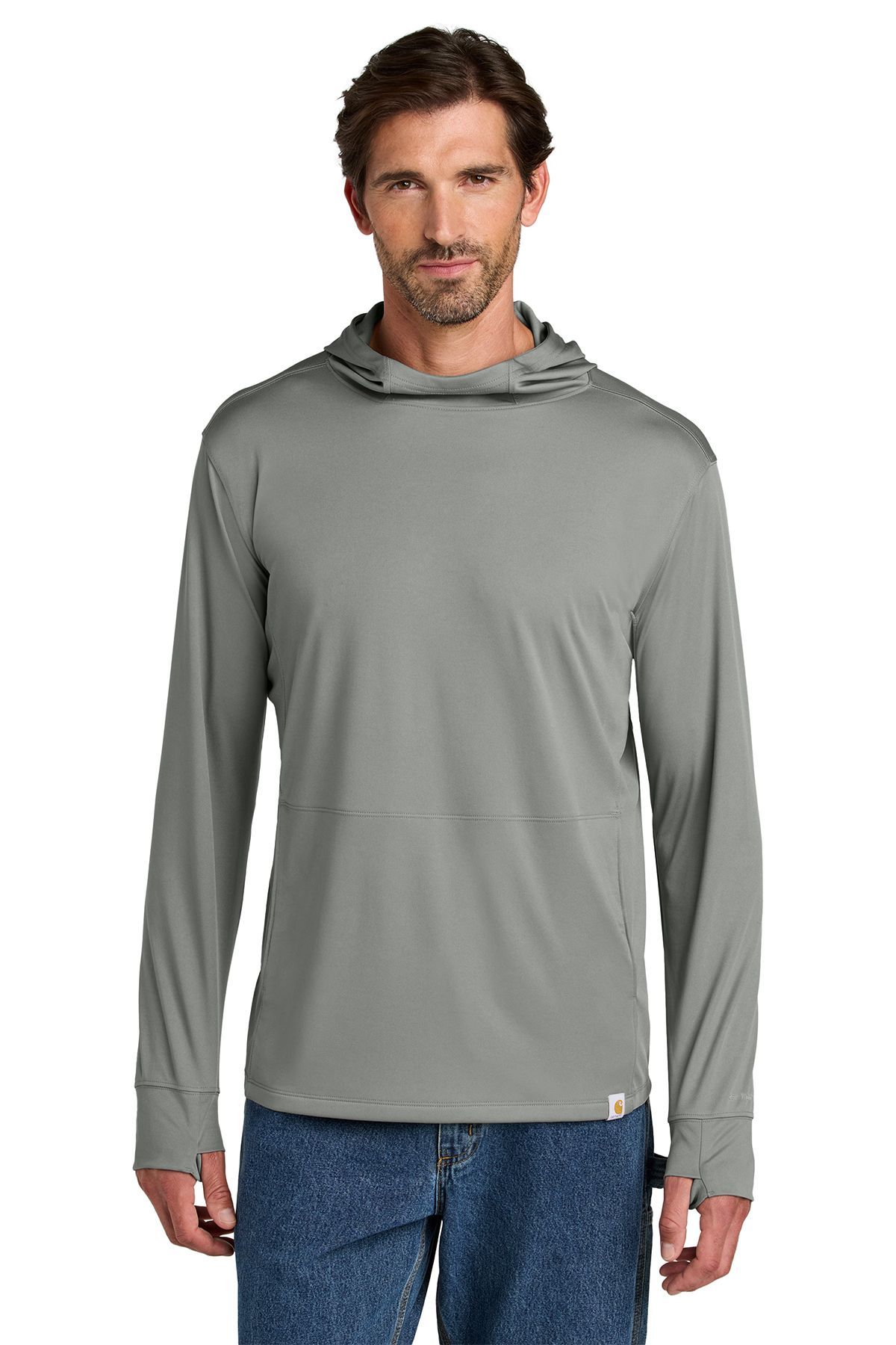 Man in gray hooded long-sleeve shirt and jeans, looking at the camera.