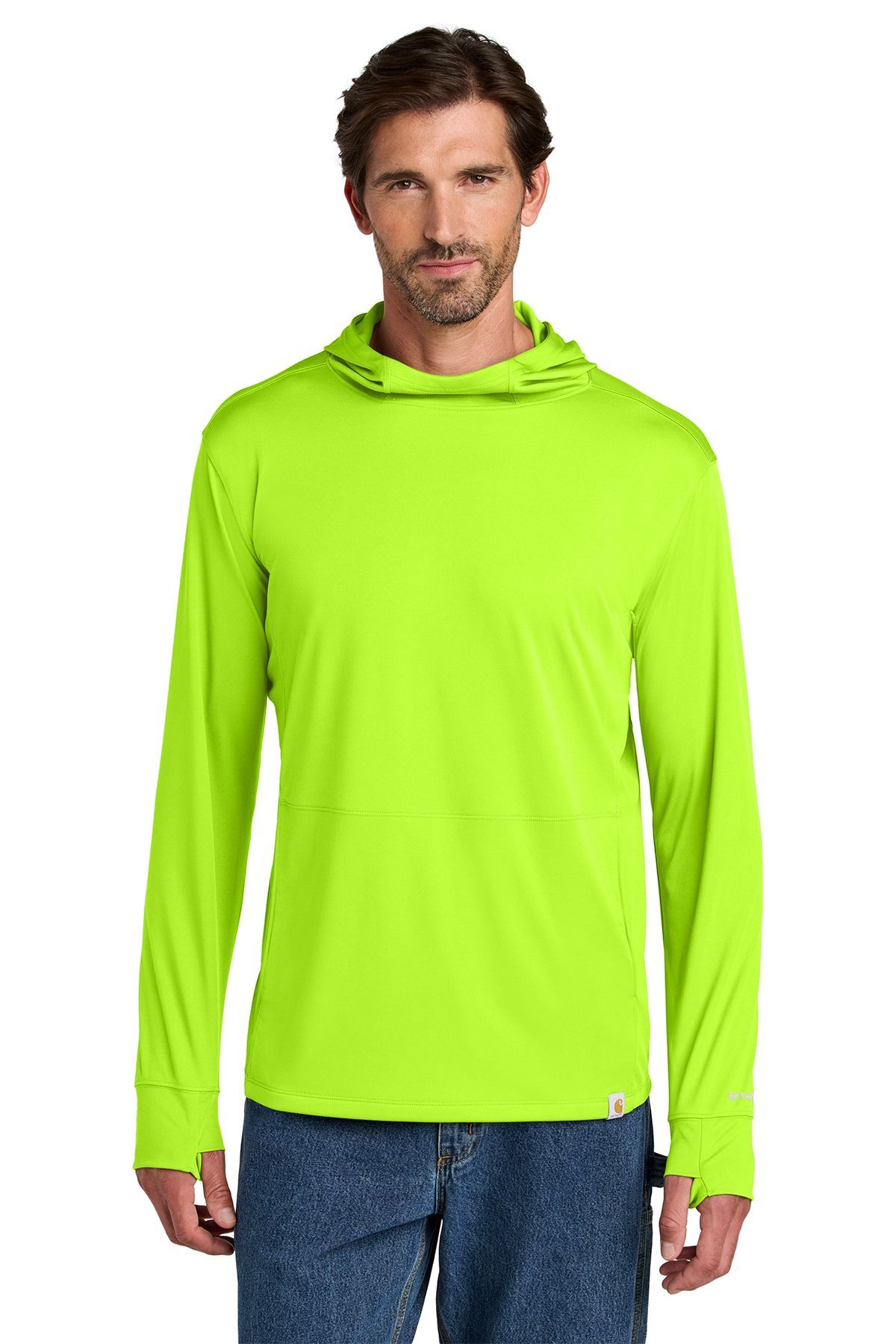 Man wearing a neon green hooded long-sleeve shirt and jeans, standing.
