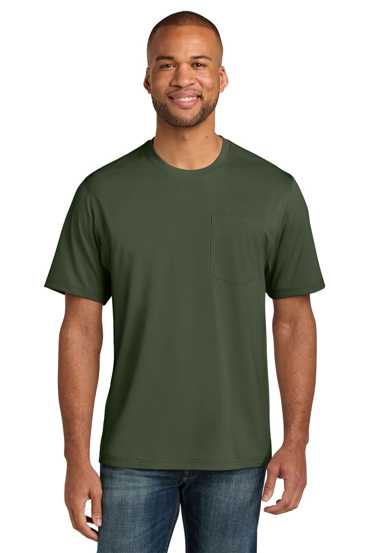 Man wearing a tan pocket t-shirt and jeans, smiling.