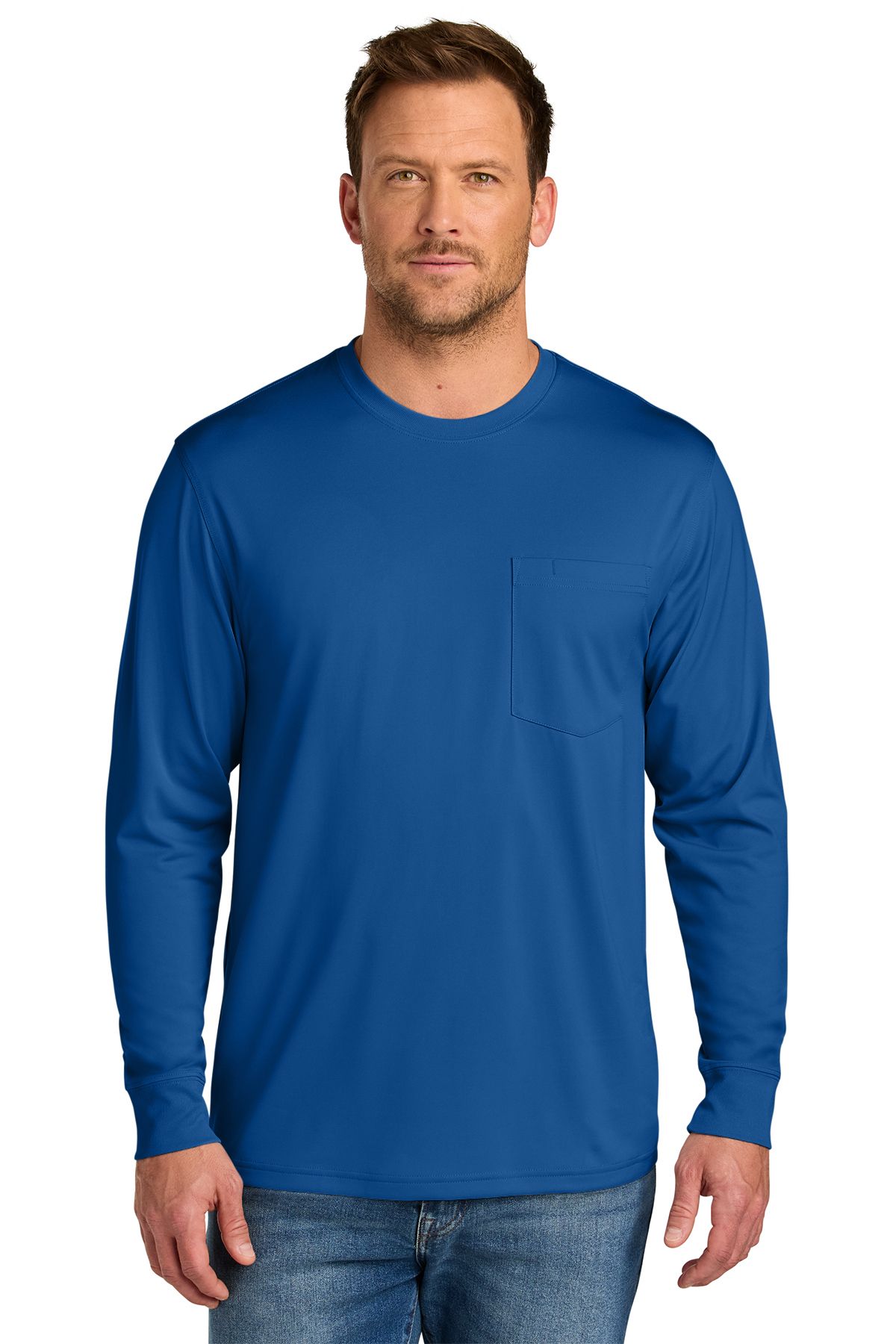 Man in blue long-sleeved shirt with chest pocket, standing and looking forward.
