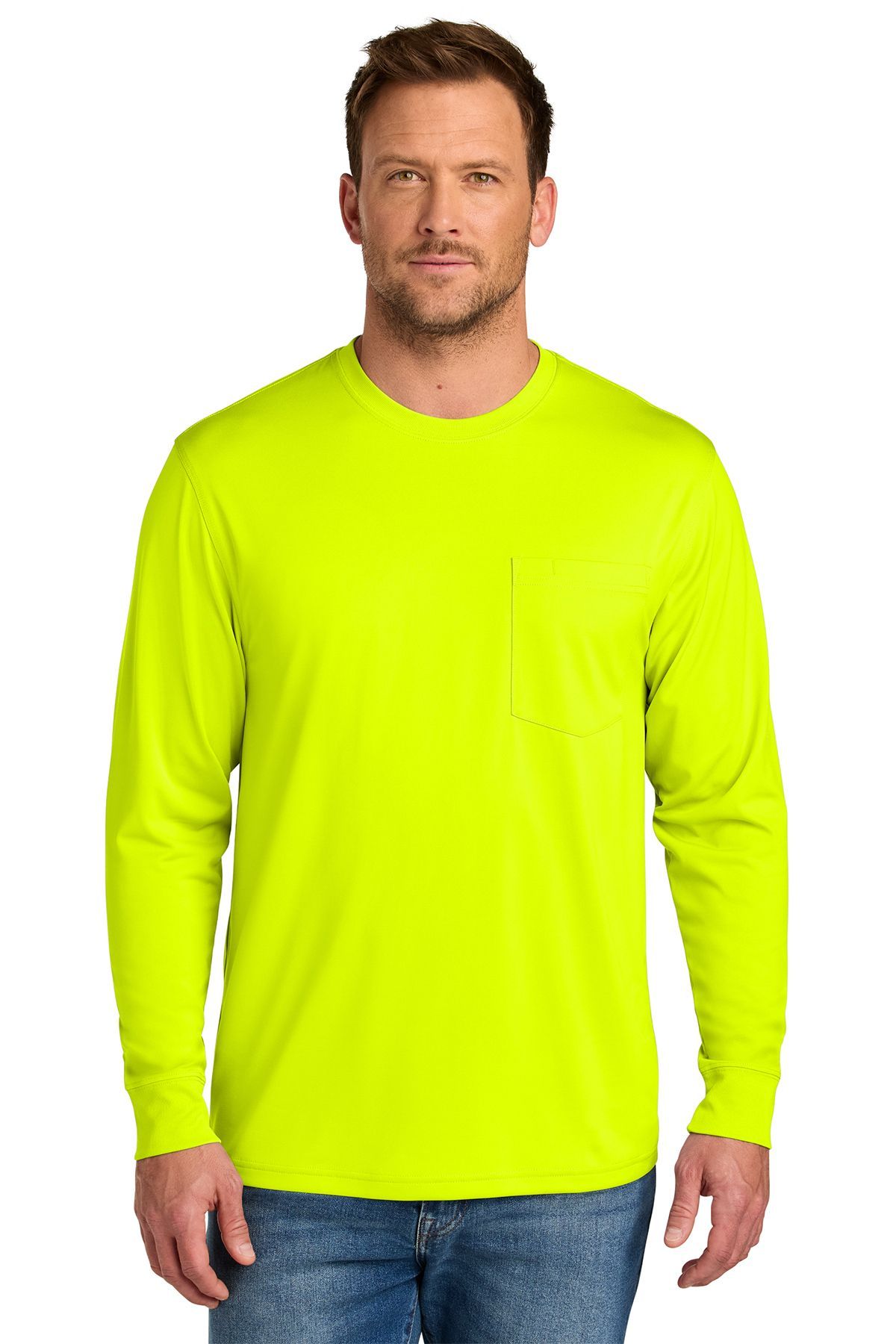 Man in blue long-sleeved shirt with chest pocket, standing and looking forward.