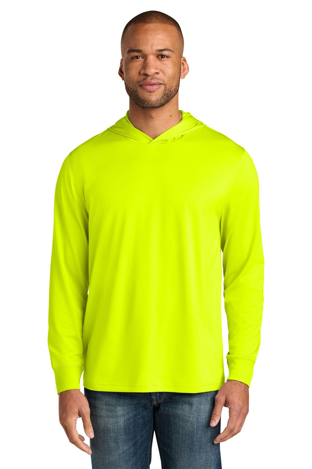 Man wearing a bright yellow hoodie, standing in front of a white background.
