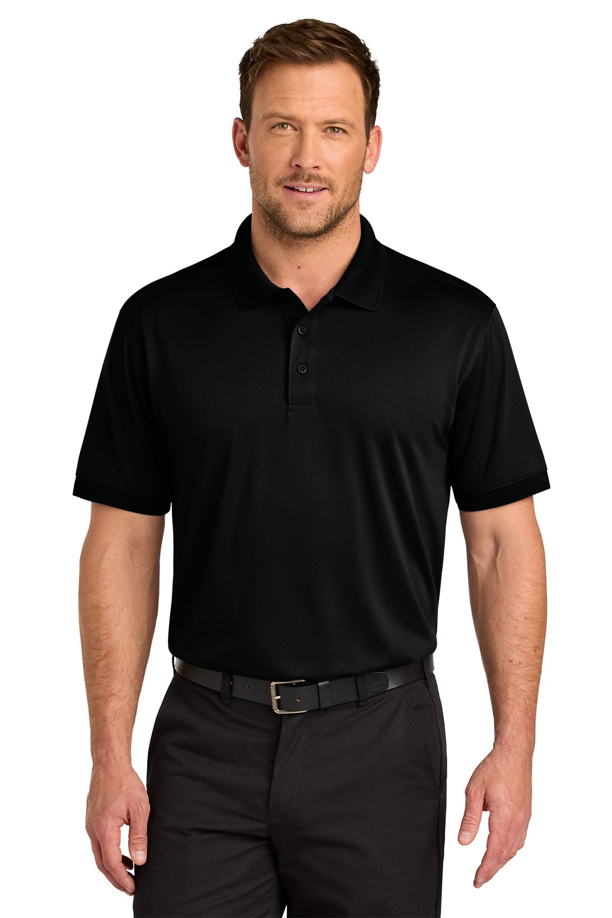 Man wearing a black polo shirt, black pants, and a black belt, smiling.