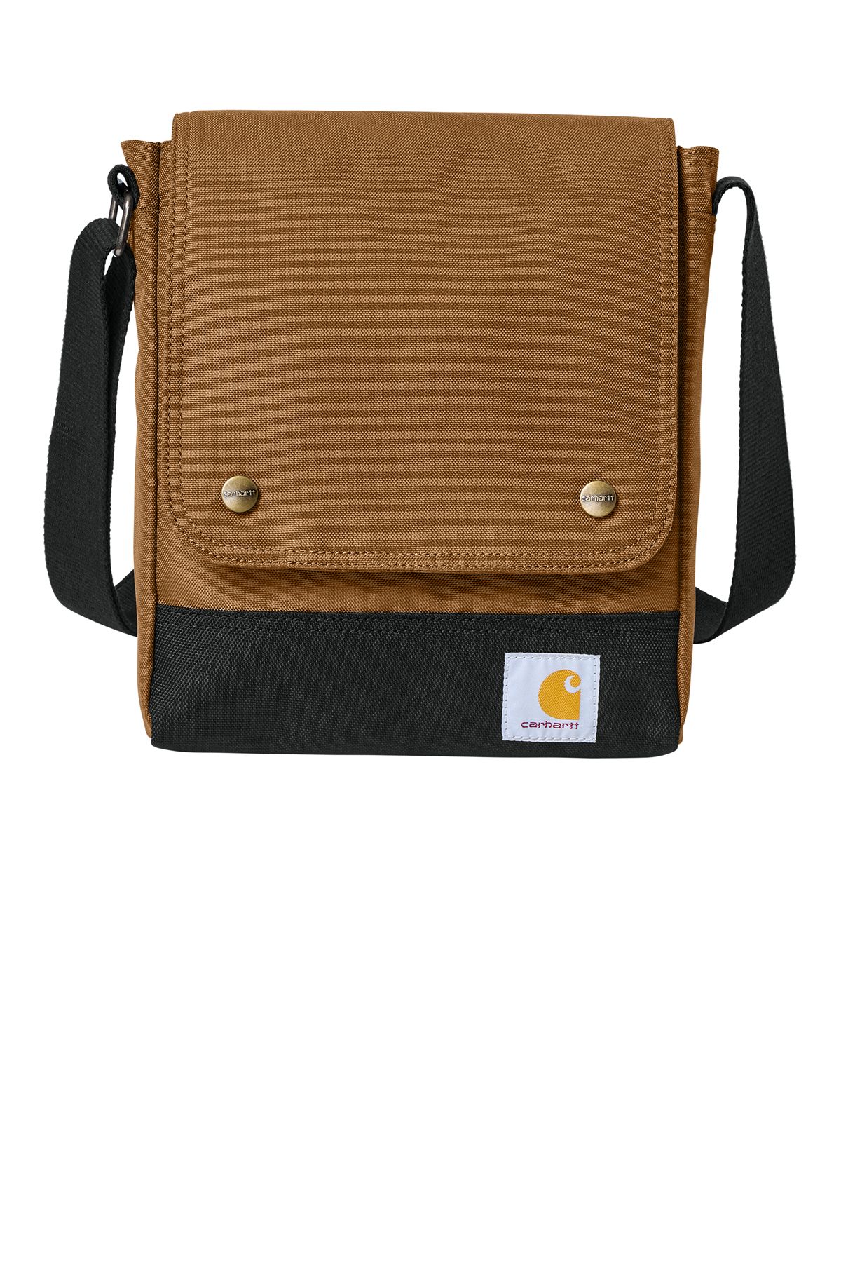 Brown and black Carhartt crossbody bag with a flap closure and adjustable strap.