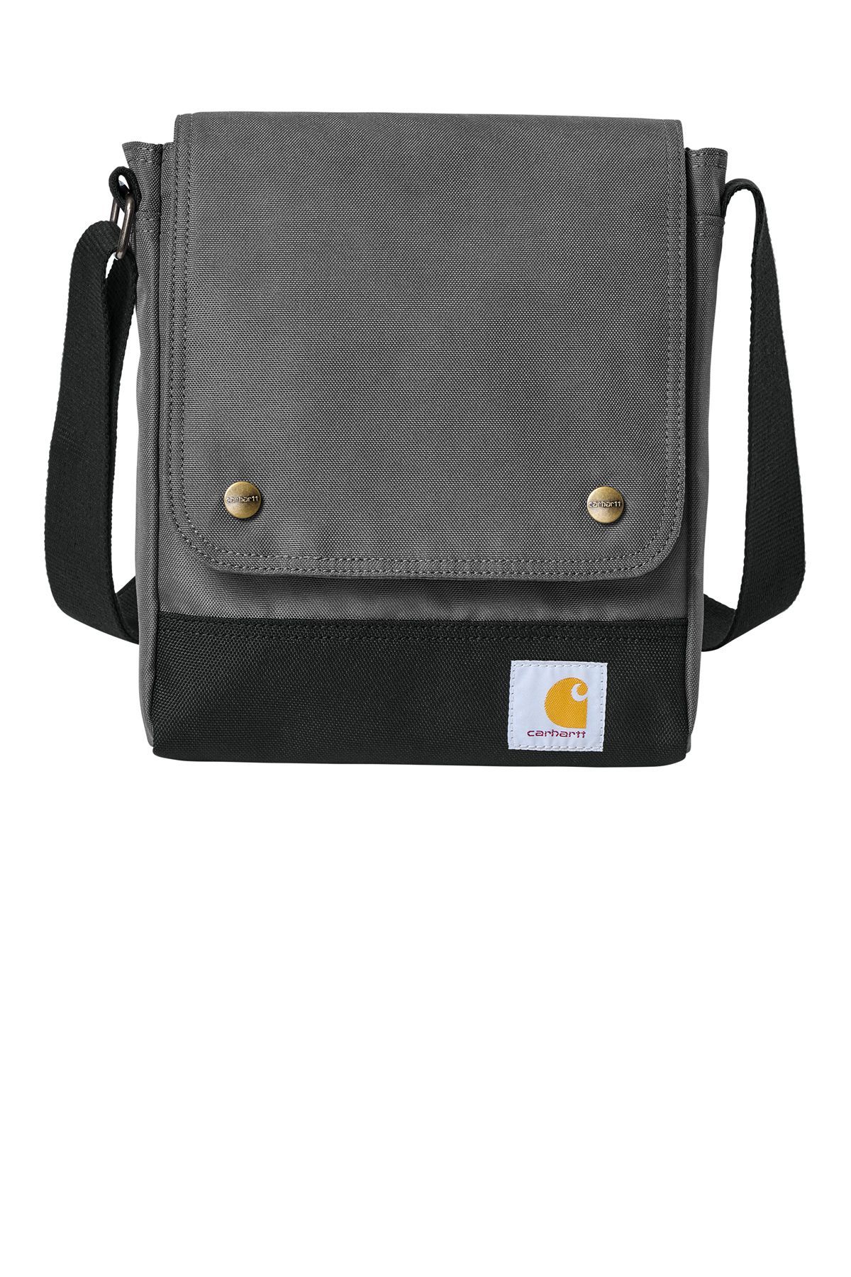 Brown and black Carhartt crossbody bag with a flap closure and adjustable strap.