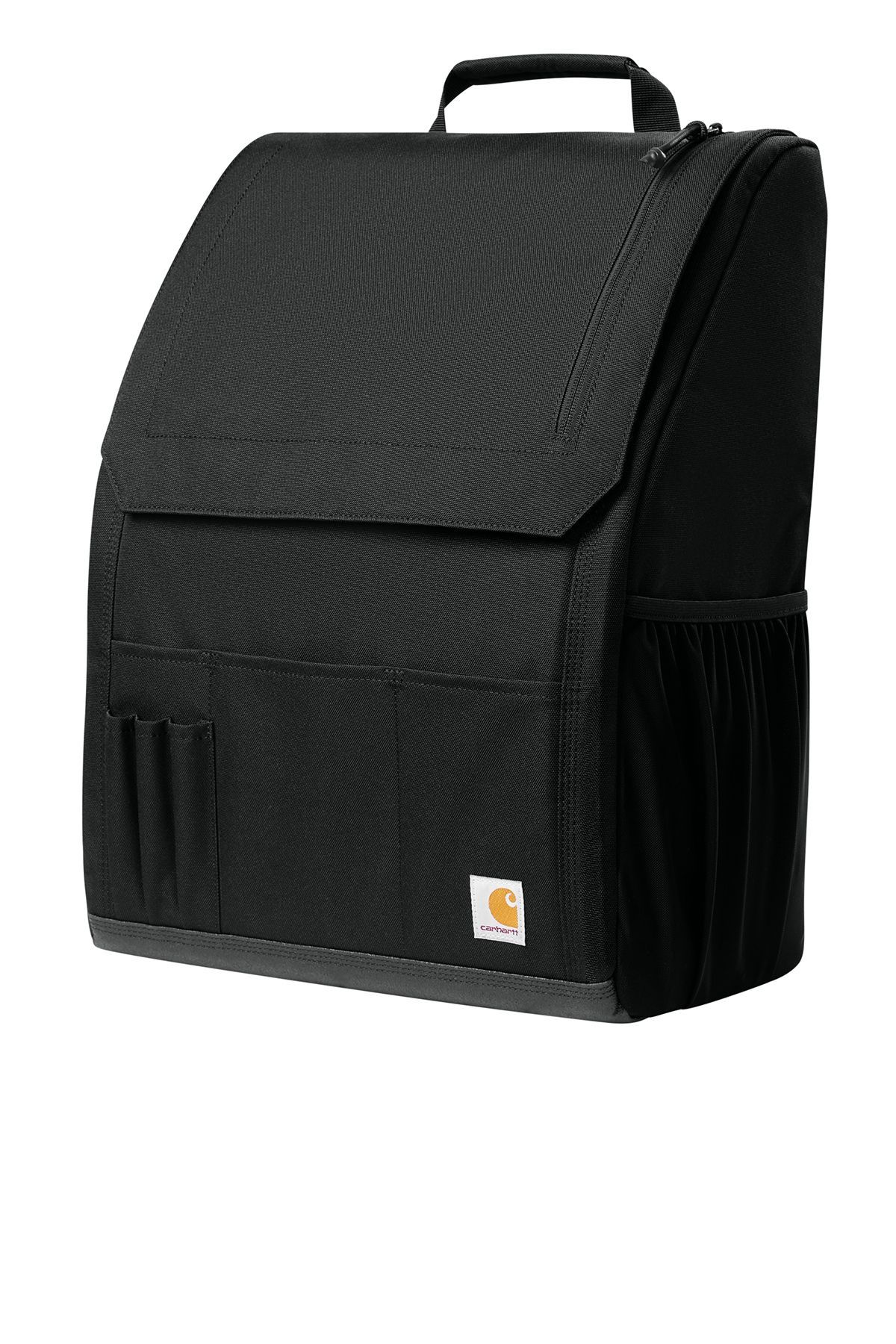 Black Carhartt trunk organizer with pockets and handle.