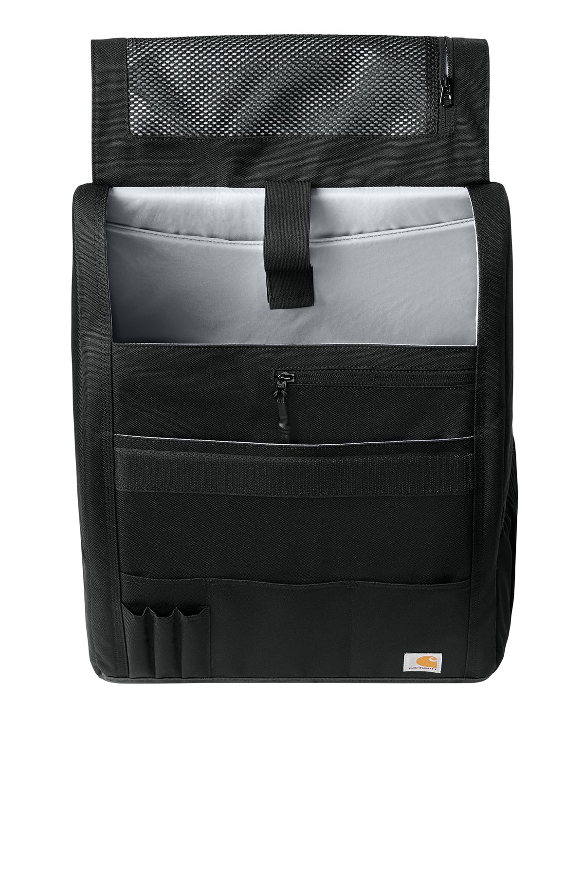Black Carhartt trunk organizer with pockets and handle.