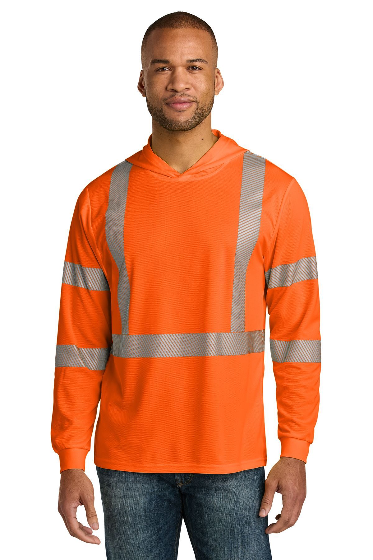 Man wearing a high-visibility yellow hooded shirt with reflective stripes over jeans.