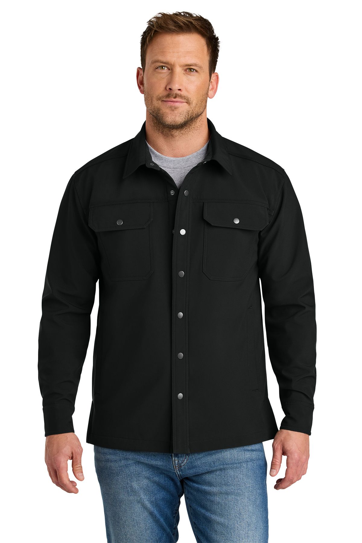 Man wearing a dark blue work shirt, light blue jeans, and a gray undershirt.