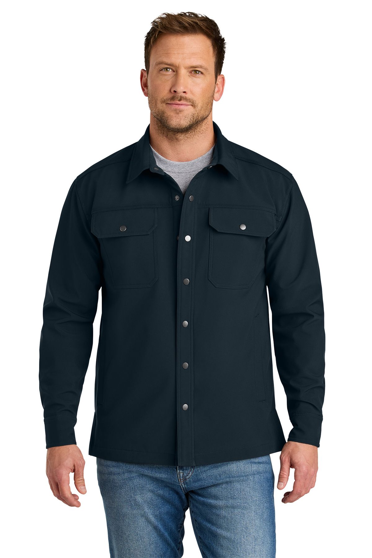 Man wearing a dark blue work shirt, light blue jeans, and a gray undershirt.