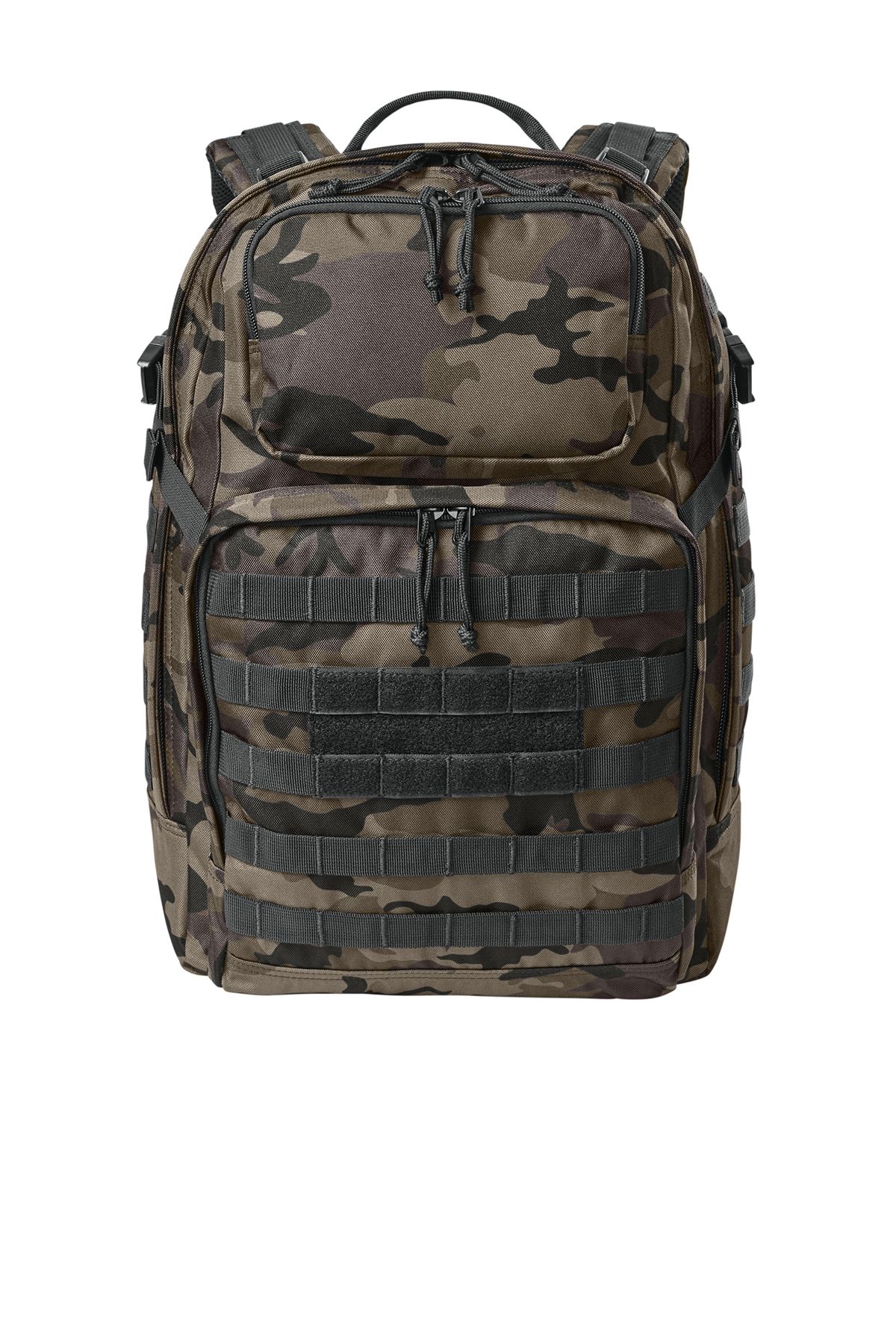 Brown camouflage backpack with MOLLE webbing and top handle.