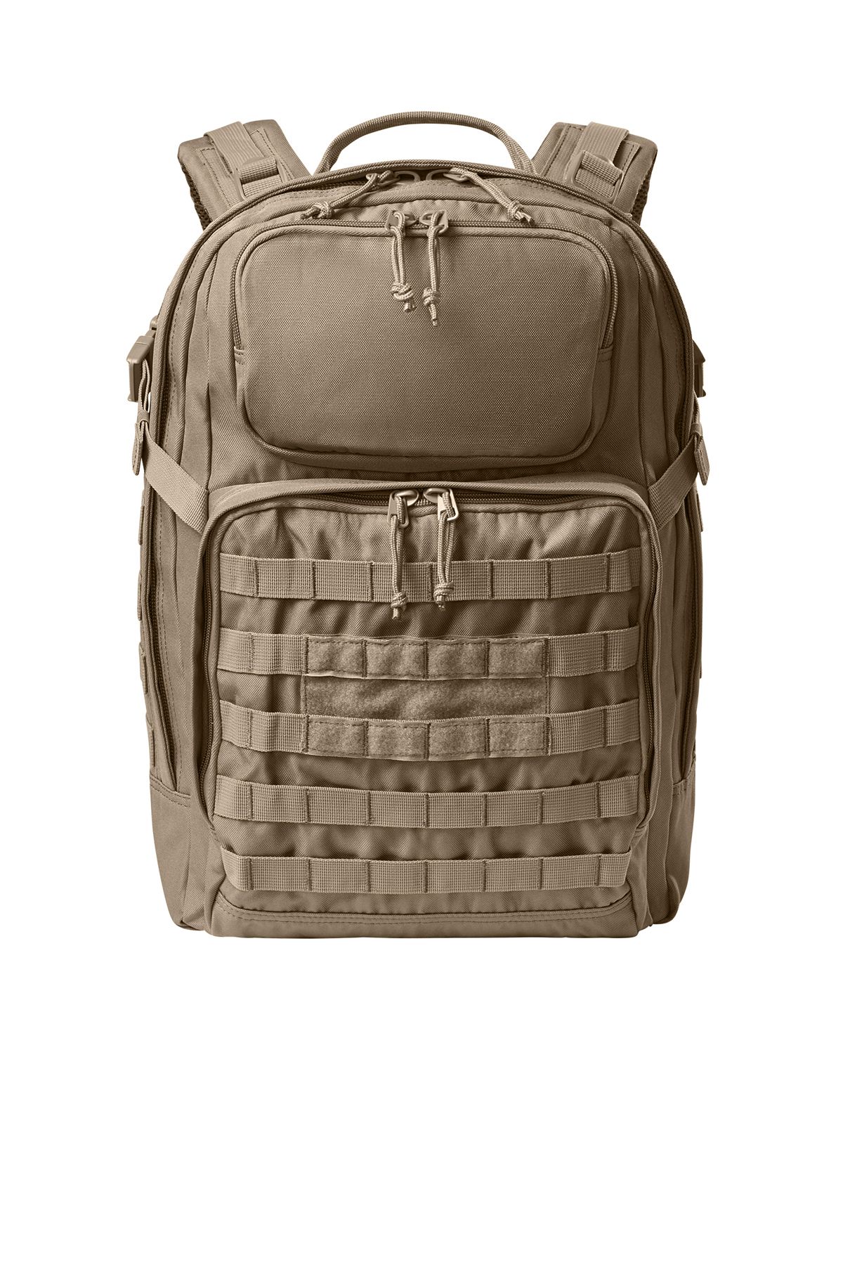Brown camouflage backpack with MOLLE webbing and top handle.