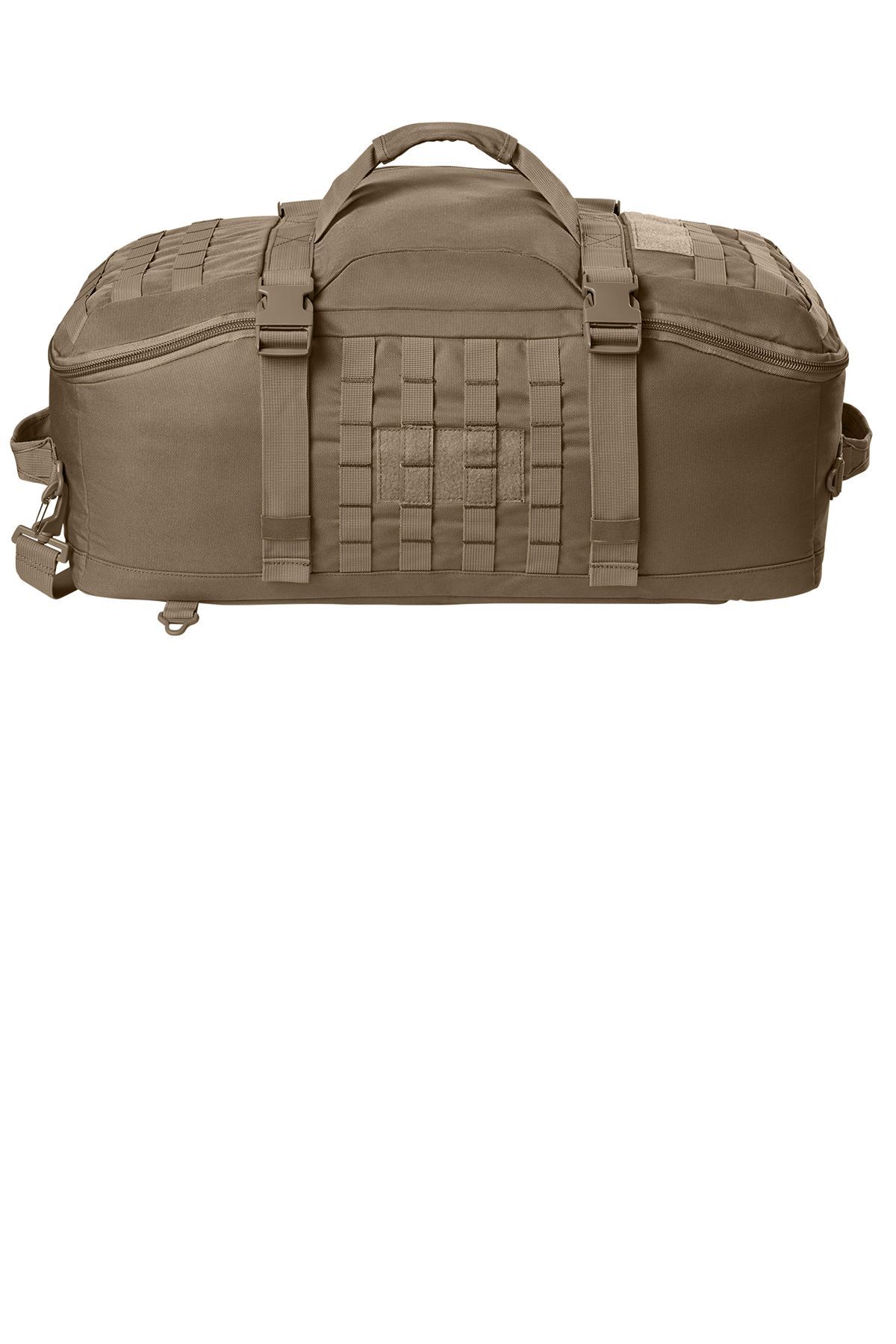 Tan duffel bag with MOLLE webbing and top handle.