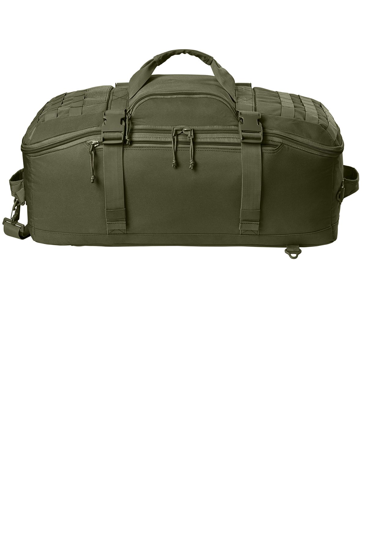 Tan duffel bag with MOLLE webbing and top handle.