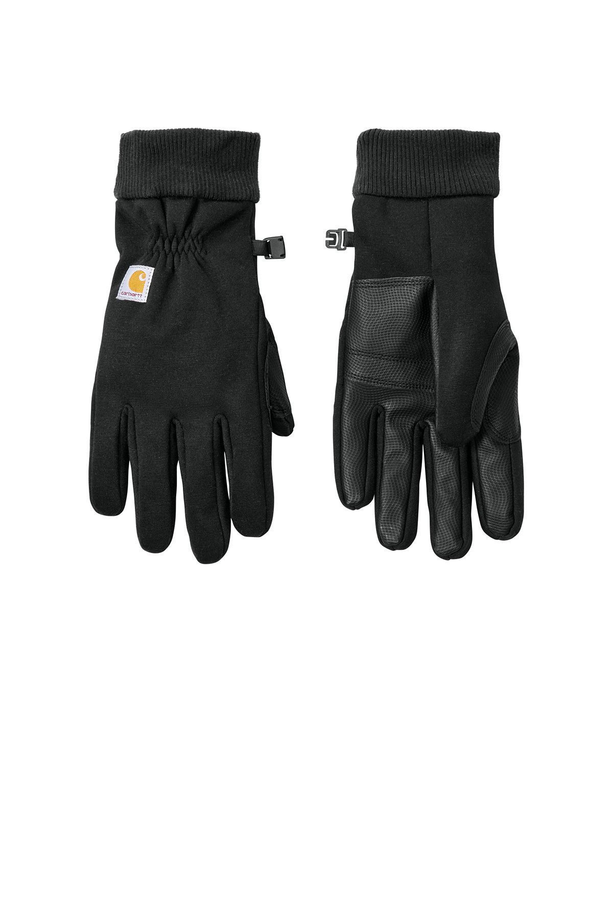 Black Carhartt gloves with a textured palm and wrist cuff.