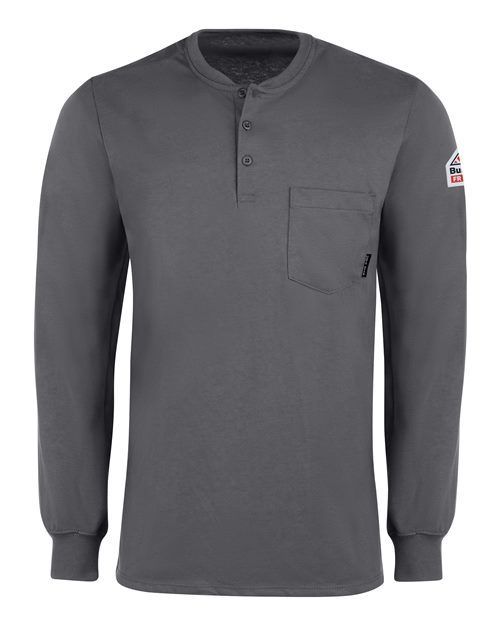 Gray long-sleeved work shirt with three buttons at the neck and a chest pocket.