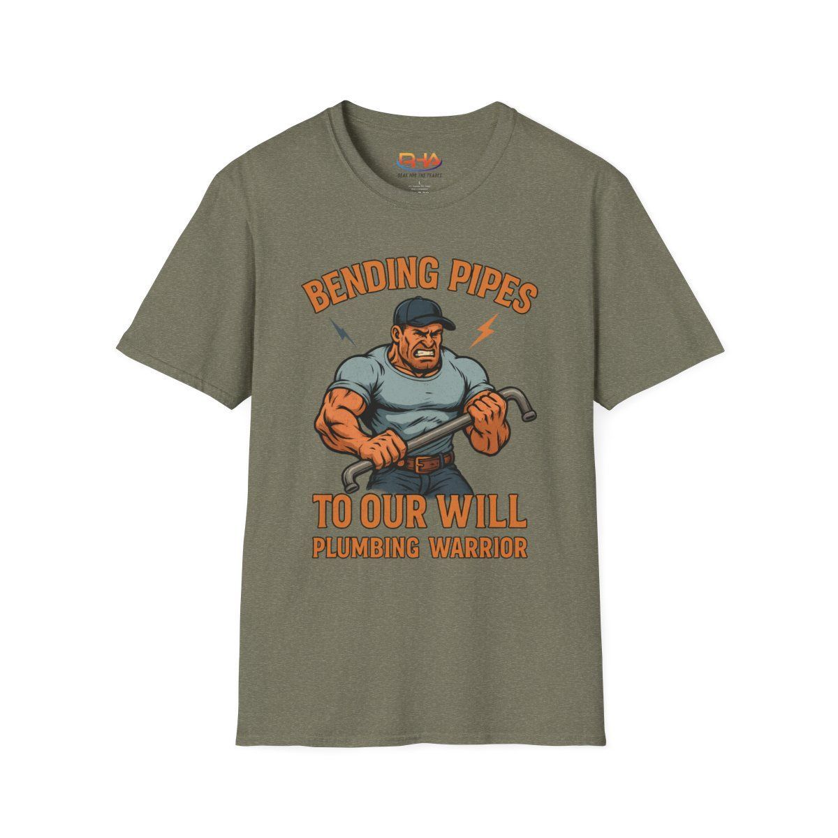 Green t-shirt with a plumber illustration flexing his muscles, bending a pipe. Text says 