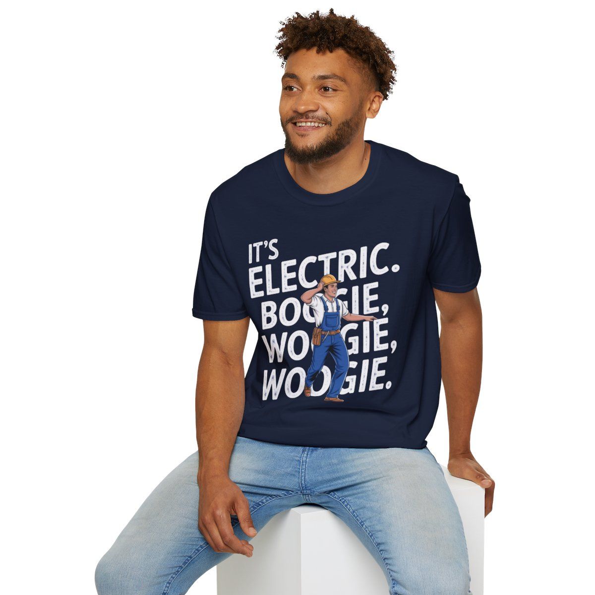 Man wearing a navy blue t-shirt that says 