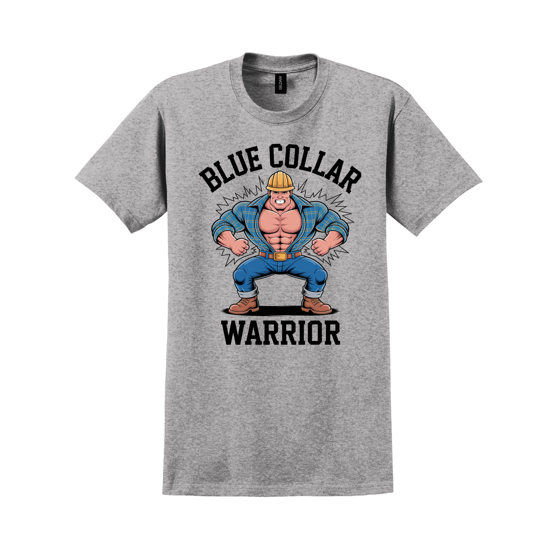 Grey t-shirt with a muscular construction worker cartoon; text reads 