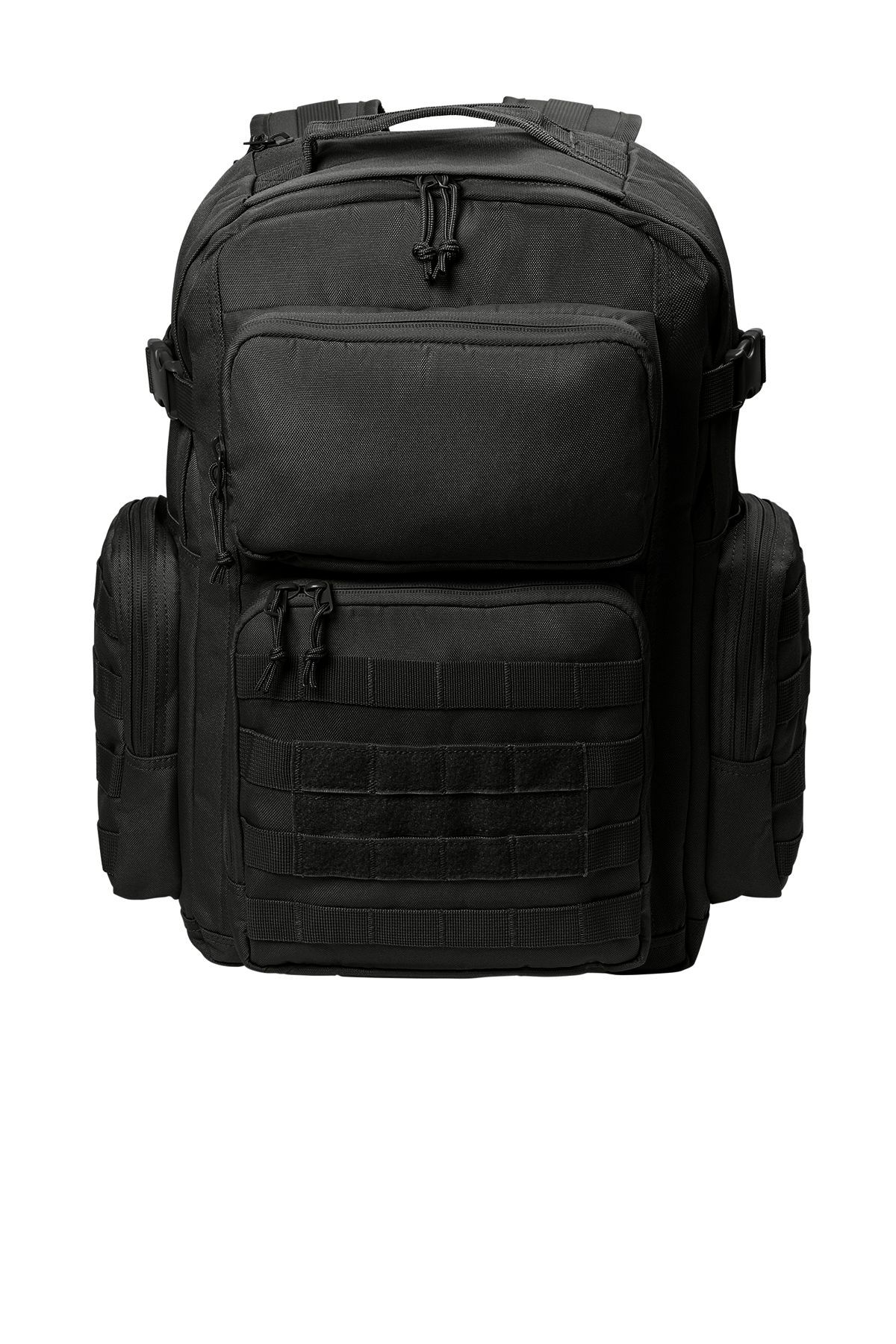 Tan tactical backpack with multiple compartments and straps.