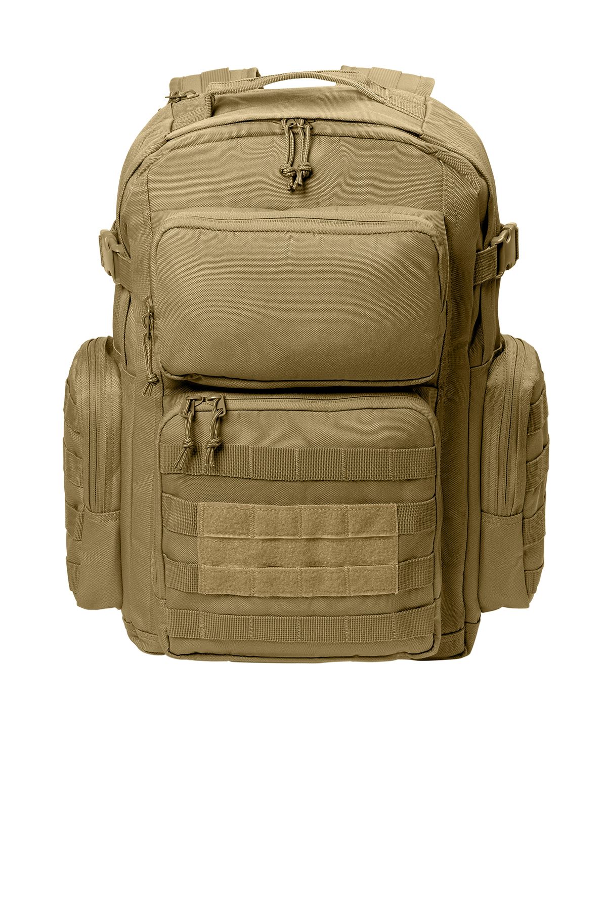 Tan tactical backpack with multiple compartments and straps.