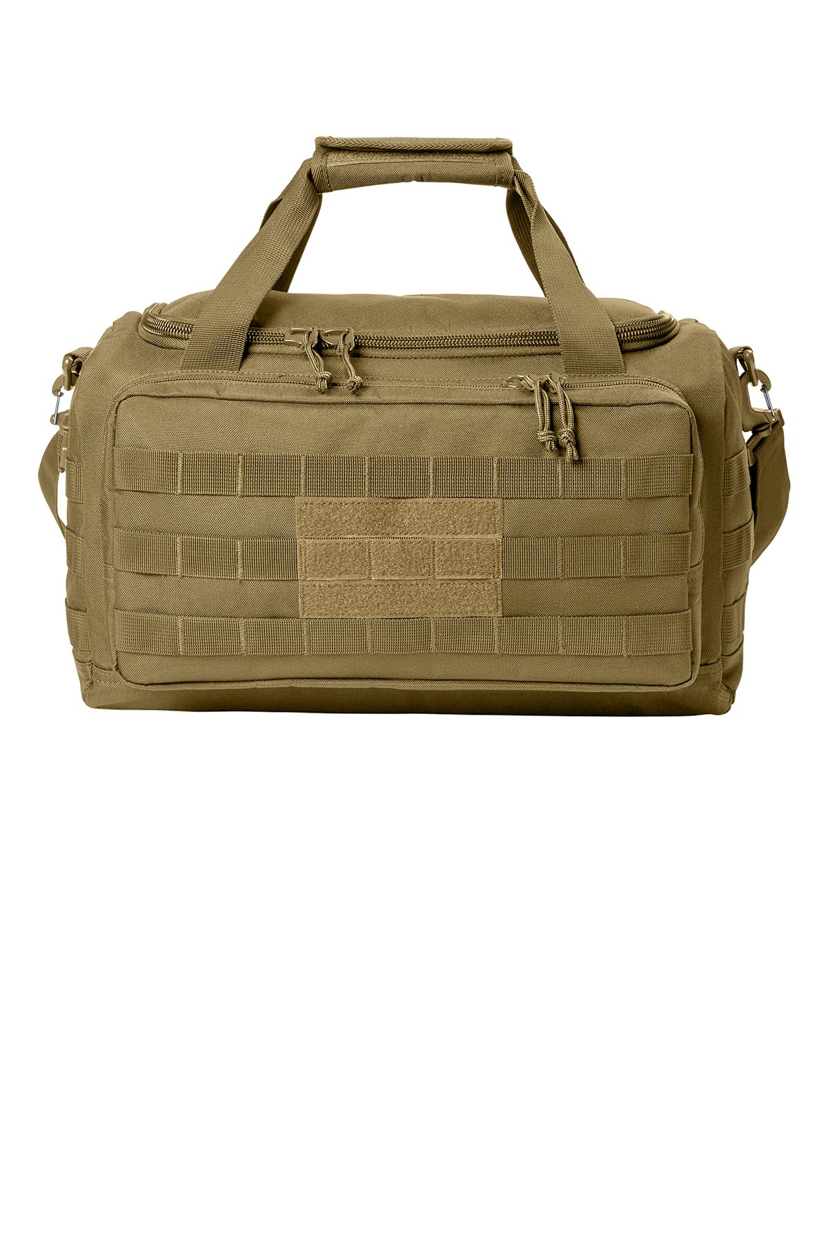 Green tactical duffel bag with multiple straps and pockets.