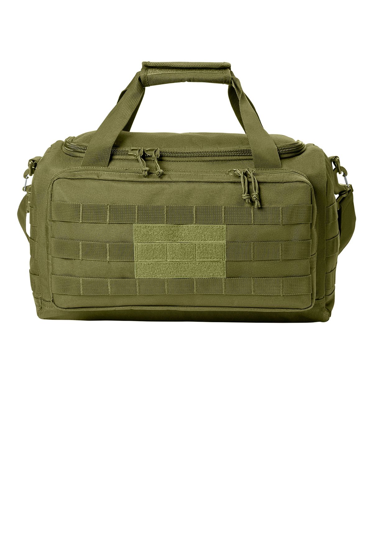 Green tactical duffel bag with multiple straps and pockets.