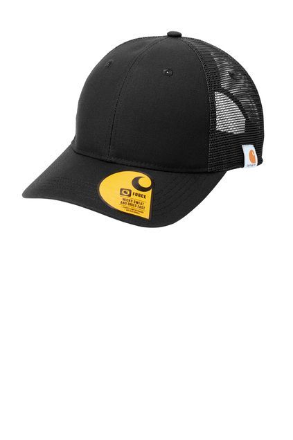 Black Carhartt trucker hat with yellow logo on the brim and mesh back.