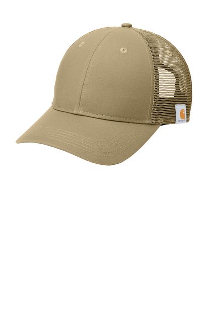 Navy blue Carhartt trucker hat with mesh backing and logo on side.