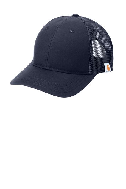 Navy blue Carhartt trucker hat with mesh backing and logo on side.