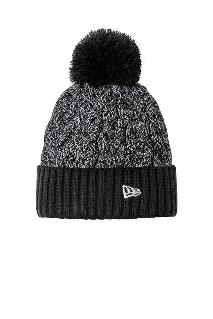 Black and gray knit beanie with a pom-pom, ribbed cuff, and New Era logo.