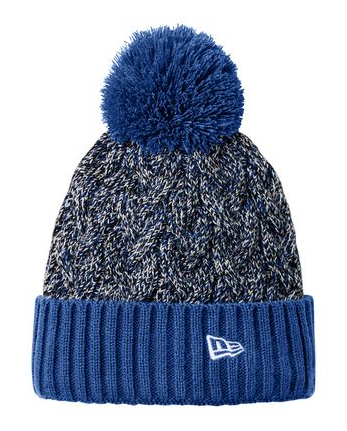 Navy and gray cable knit beanie with a pom-pom, ribbed cuff, and New Era logo.
