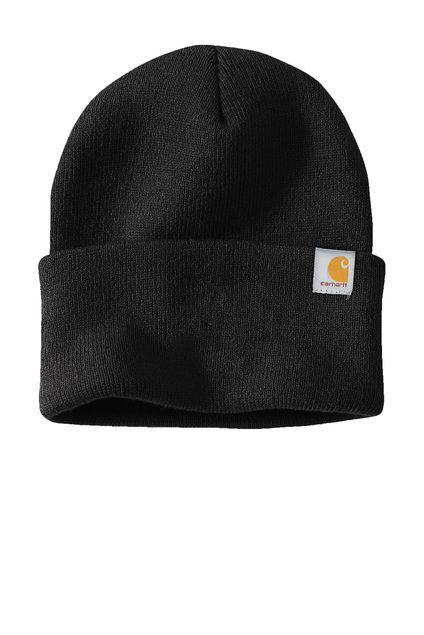 Black Carhartt knit beanie with folded brim and logo patch.