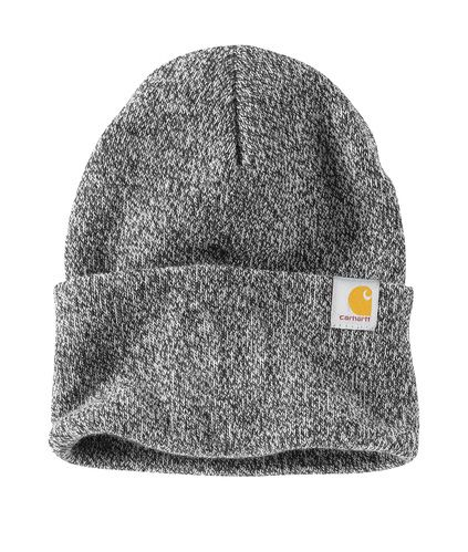 Brown Carhartt knit beanie hat with folded brim and logo patch.