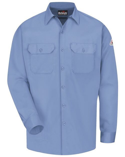 Blue long-sleeved work shirt with two chest pockets, button-down front, and collar.