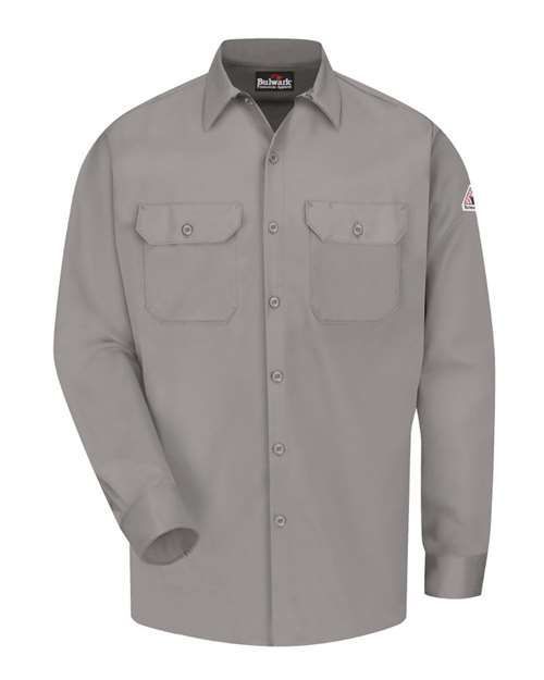 Gray button-up work shirt with two chest pockets, long sleeves, and collar.