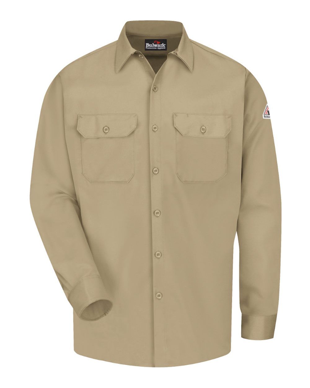 Blue long-sleeved work shirt with two chest pockets, button-down front, and collar.