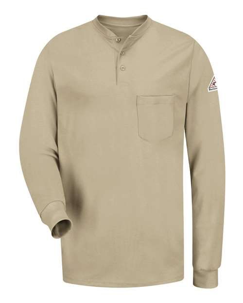 Orange long-sleeved work shirt with pocket and band collar, worn with jeans and a black belt.