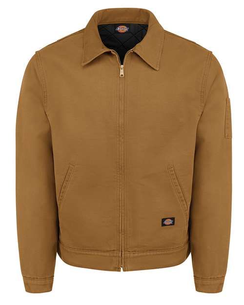Navy blue Dickies work jacket with a zipper closure and pockets.